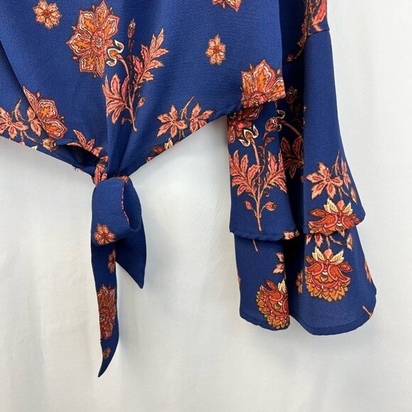 Self Love Womens Blouse Top Multicolor Floral Long Sleeve Ruffled Stretch Tie L - Picture 9 of 11